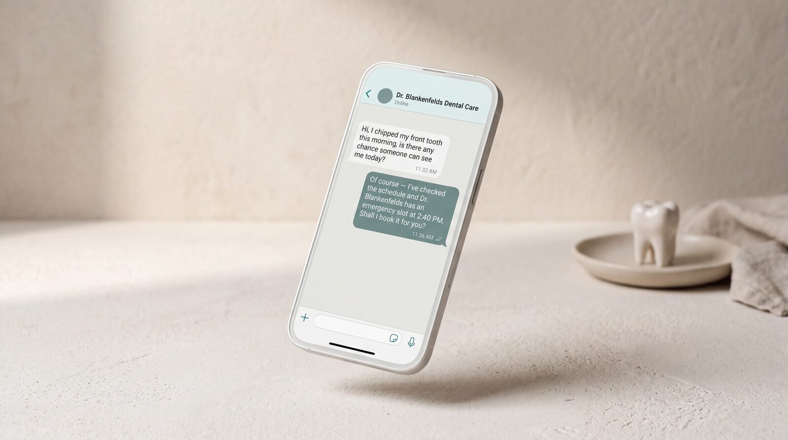 A mobile phone displaying a conversation in which an AI agent handles a dental emergency and books an appointment.