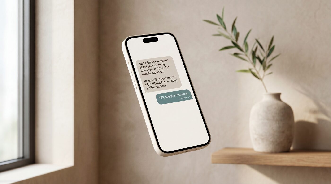 A phone showing an AI agent sending a friendly appointment reminder and receiving a confirmation from a patient.